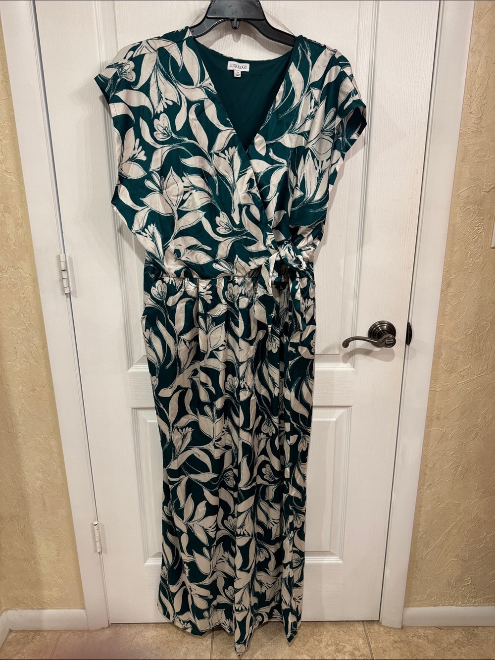 Luxology Teal and Cream Floral Wrap Jumpsuit